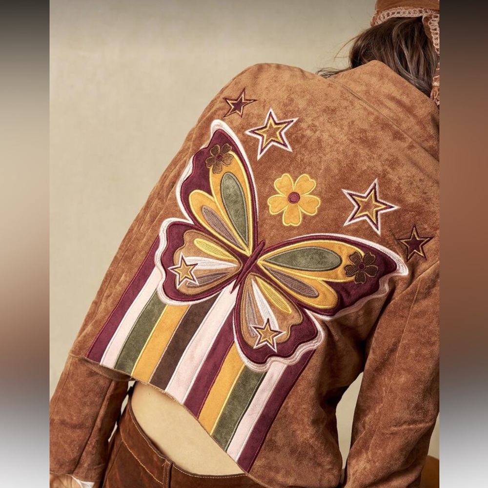 Brown vintage embroidered butterfly floral color block coat jacket tunic top - Picture 3 of 6